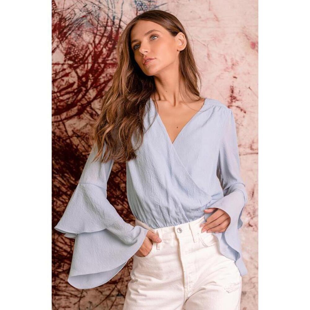Lulus For The Moment Baby Blue Tiered Flounce Sleeve Surplice Bodysuit - Size S